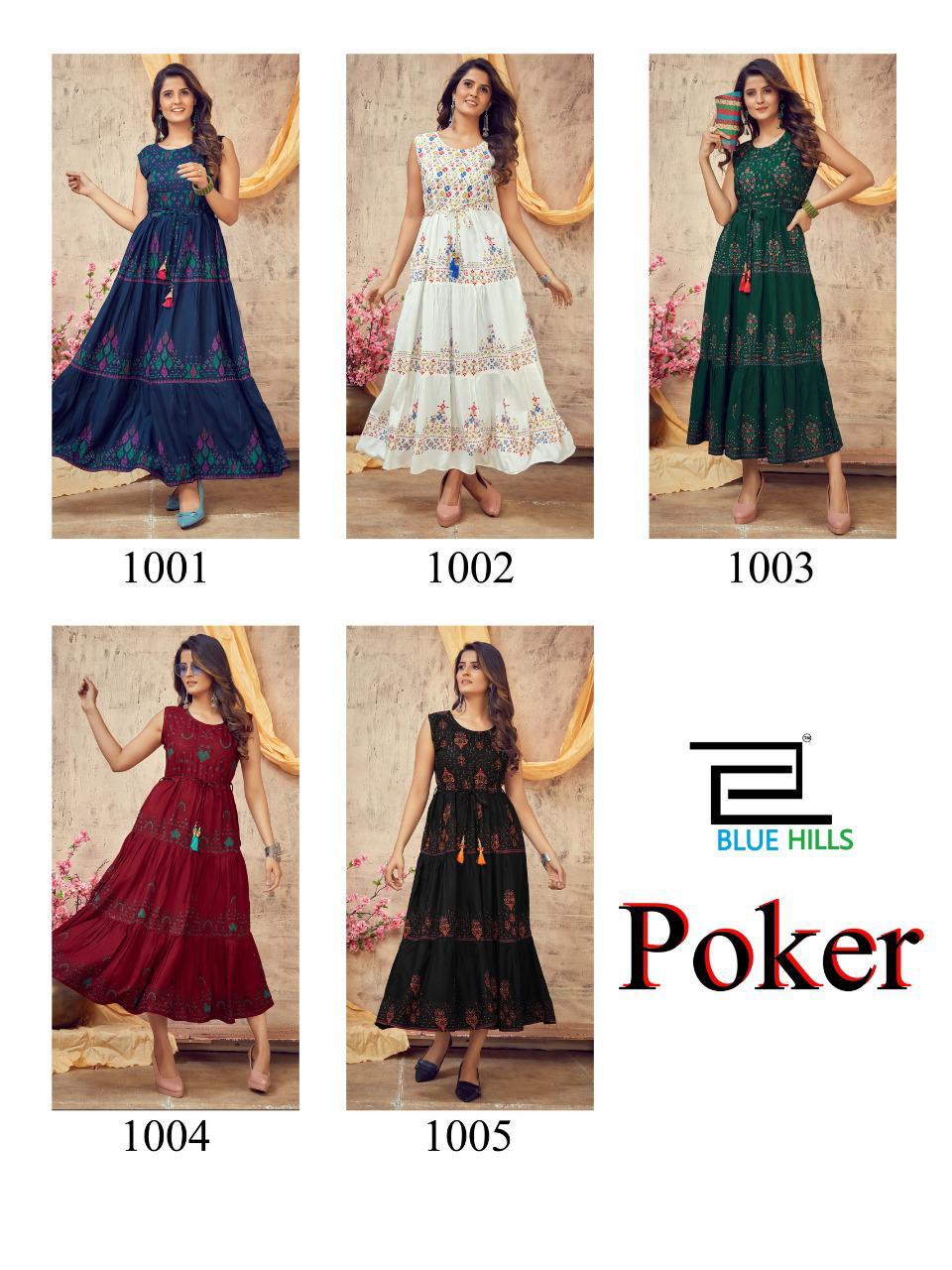 Blue Hills Poker Latest Fancy Designer Festive Party Wear Long Printed Rayon Kurti Collection